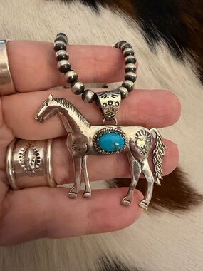❤️ Kingman Turquoise Sterling Hand Stamped Statement Horse Unisex Pendant